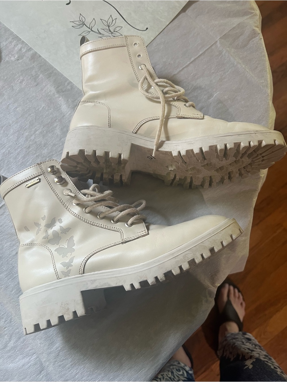 Velez Cream Lace-Up Combat Boots with Subtle Butterfly Detail